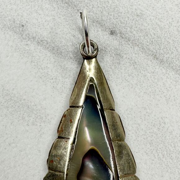 Vintage Alpaca Mexico Silver Tone Abalone Shell Inlay Upcycled Pendant - Picture 3 of 9